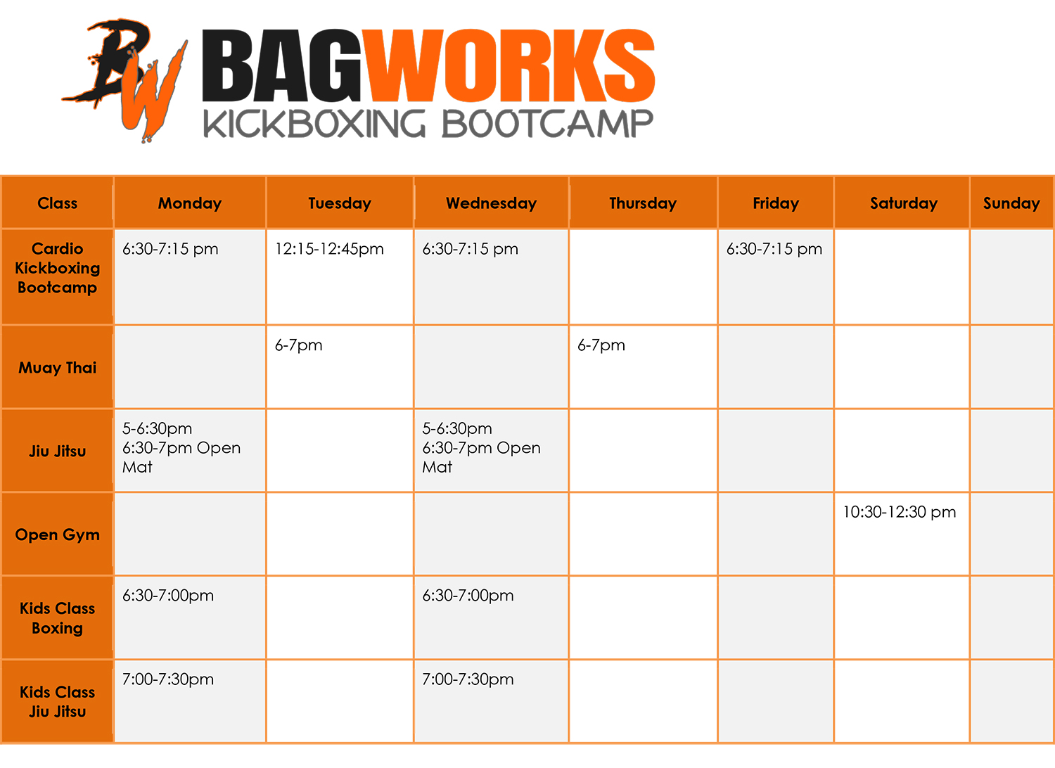 Bagworks Kickboxing Bootcamp Class Schedule